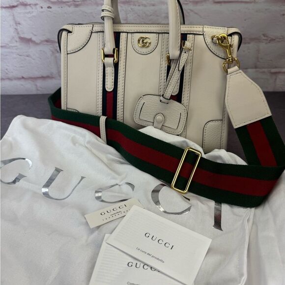 Authentic Gucci Web Sherry Line 2 Way Small Bauletto Leather Bag 715772 White - Picture 16 of 16